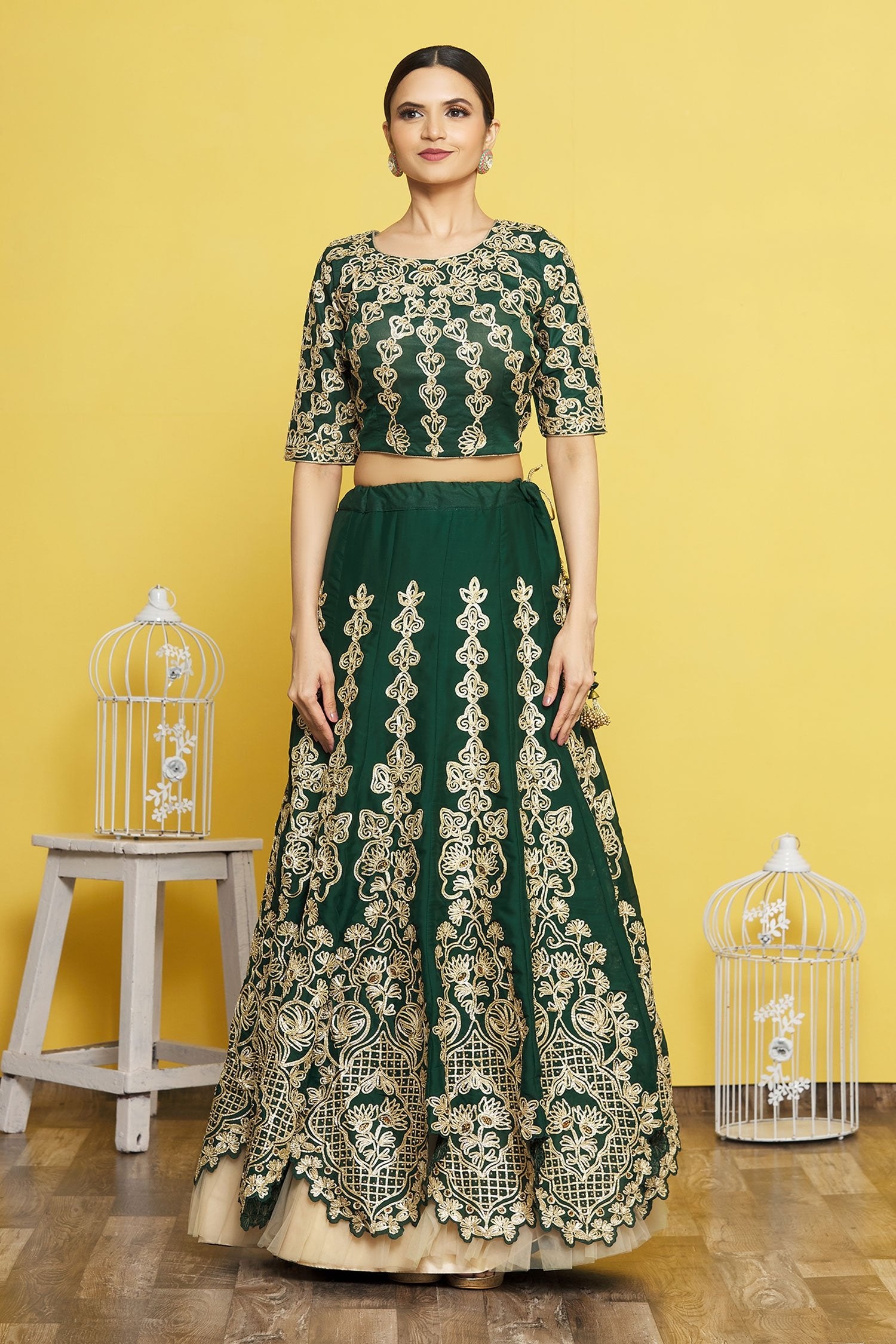 Green Satin Silk Lace Embroidery Lehenga Choli