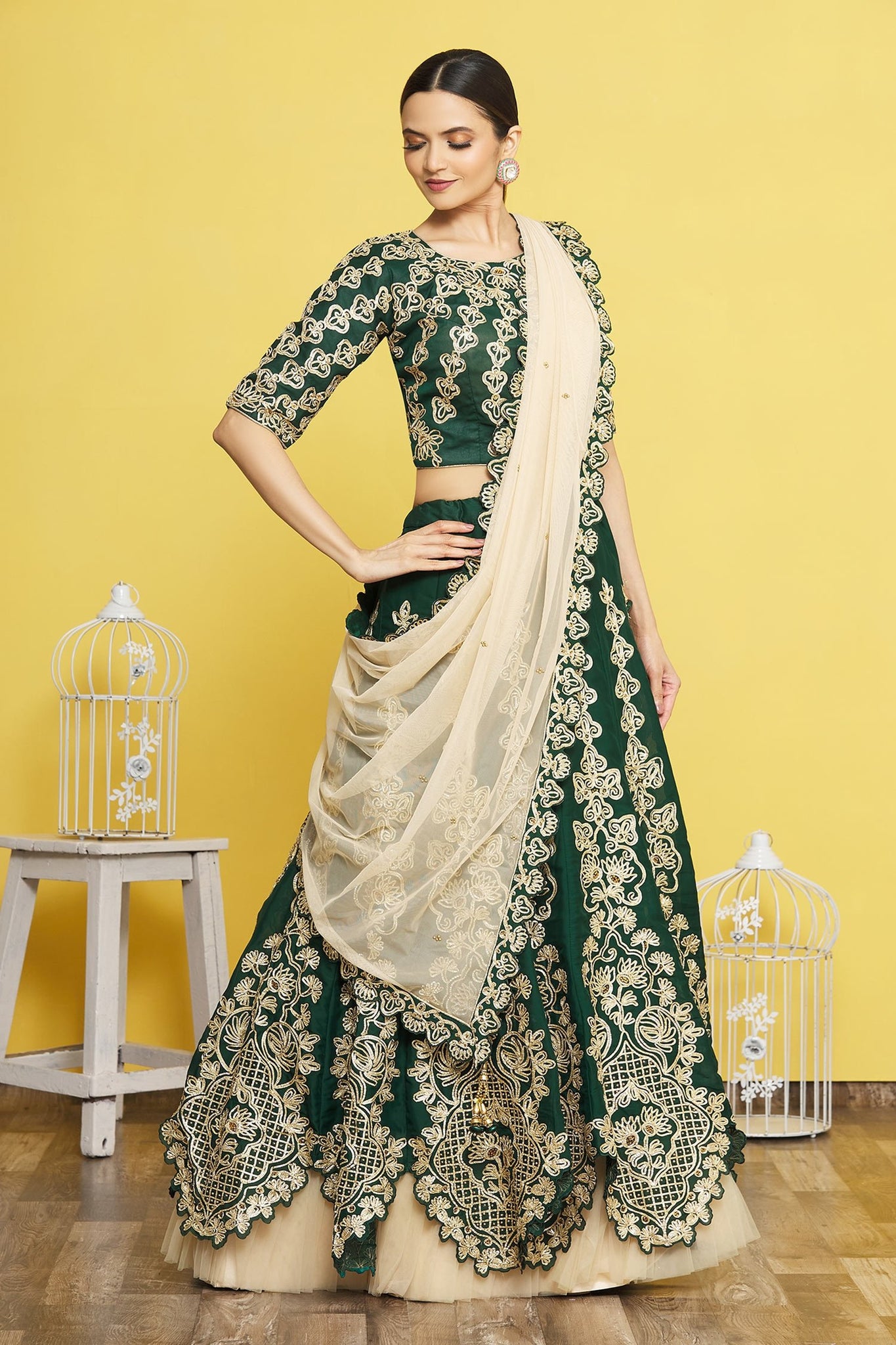 Green Satin Silk Lace Embroidery Lehenga Choli