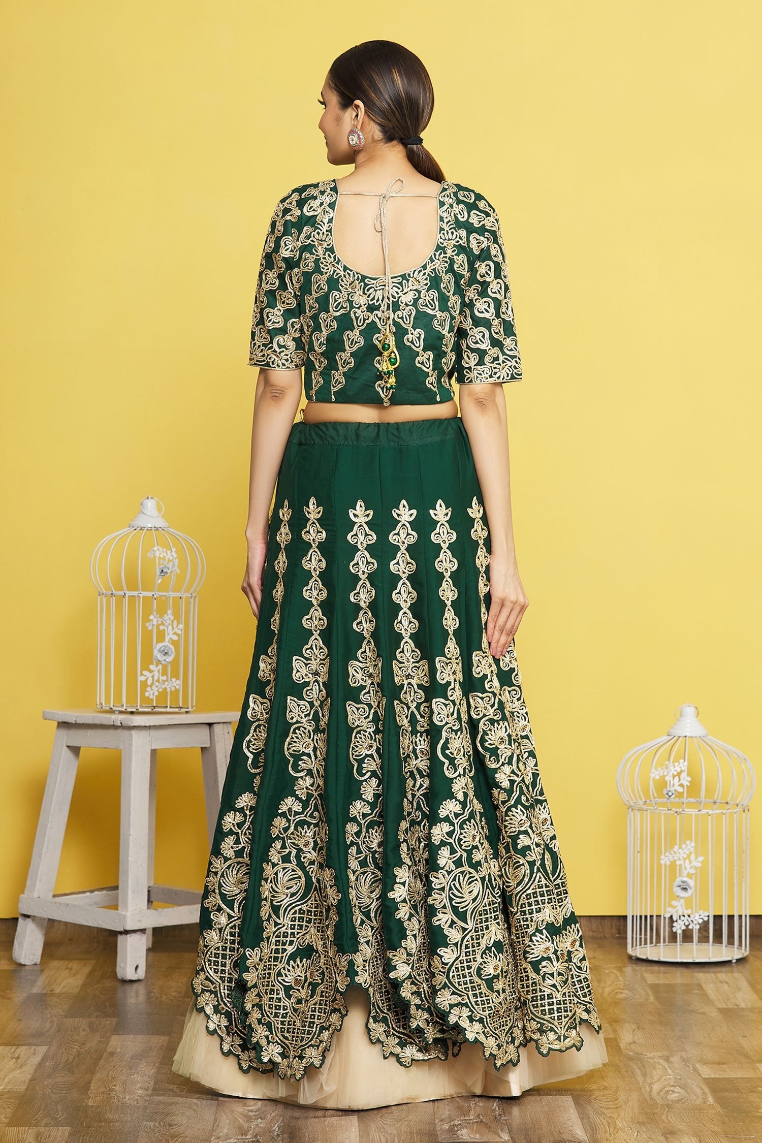 Green Satin Silk Lace Embroidery Lehenga Choli