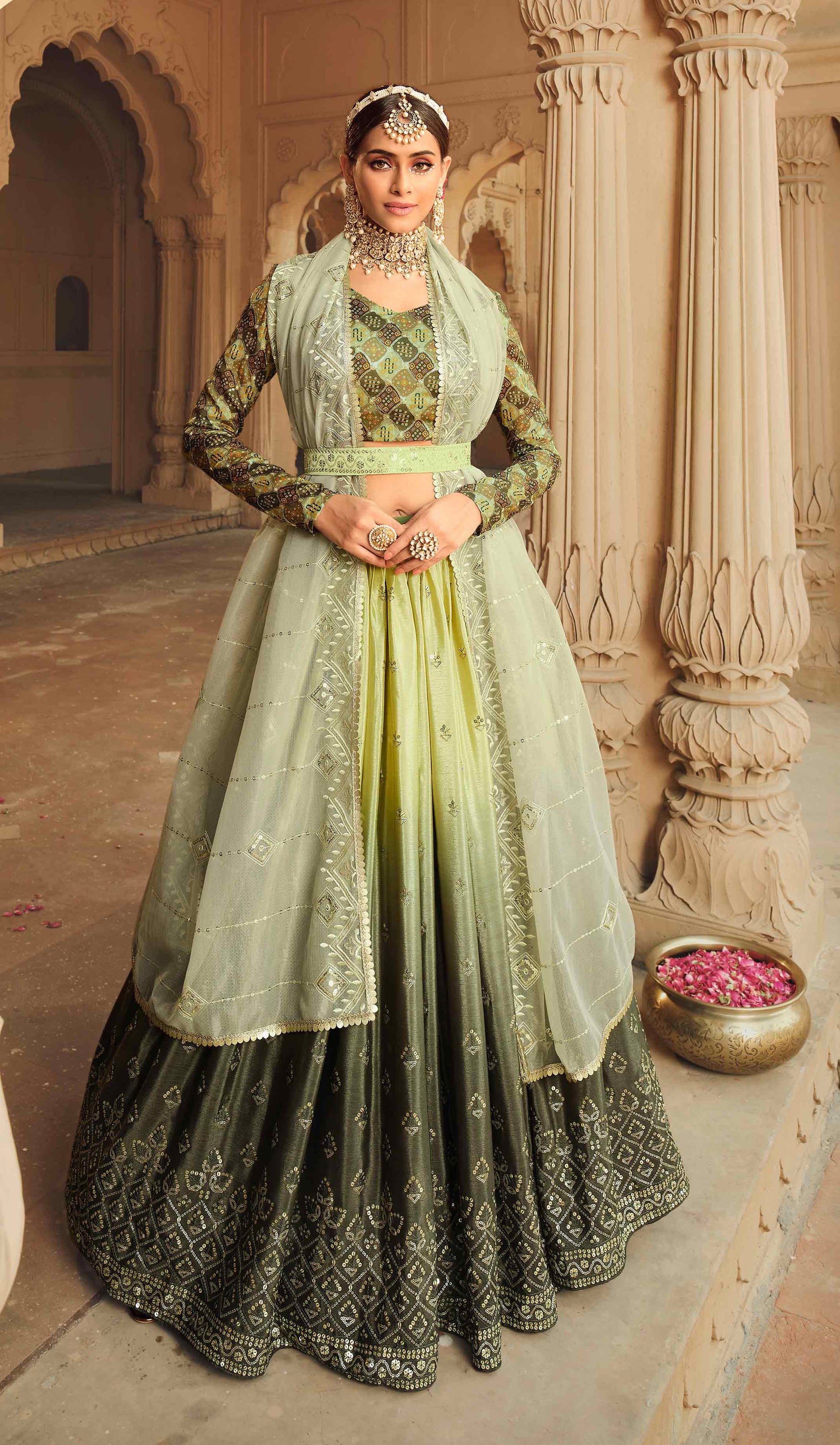 Green Silk Sequins Embroidered Lehenga Choli