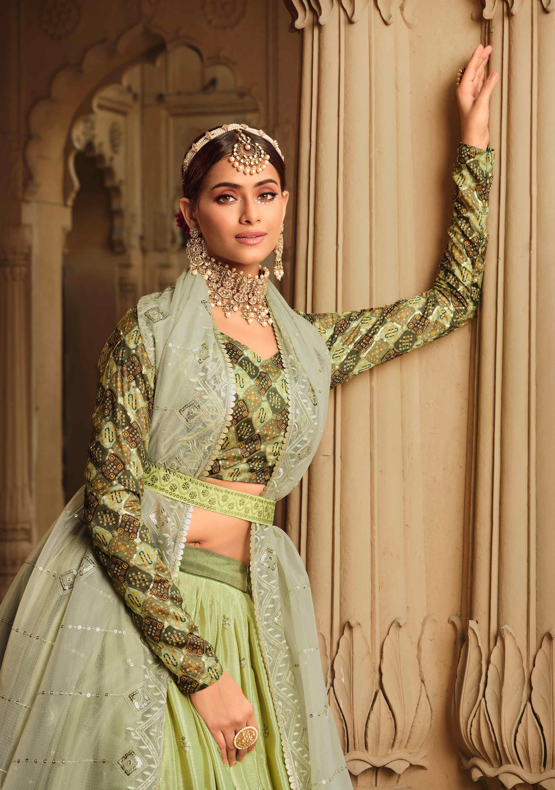 Green Silk Sequins Embroidered Lehenga Choli