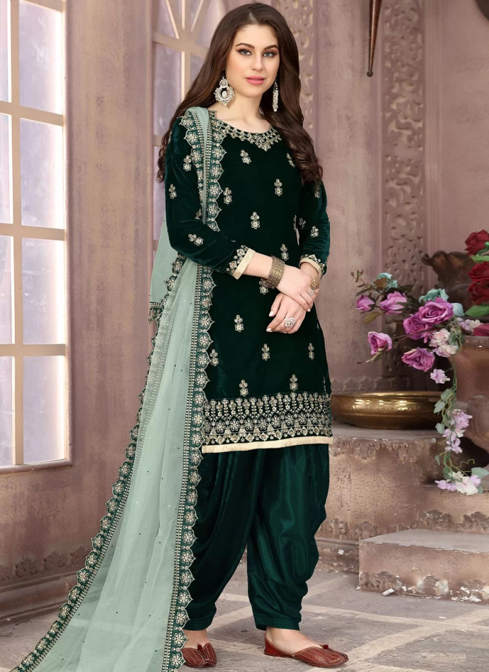 Green Velvet Embroidered Punjabi Suit