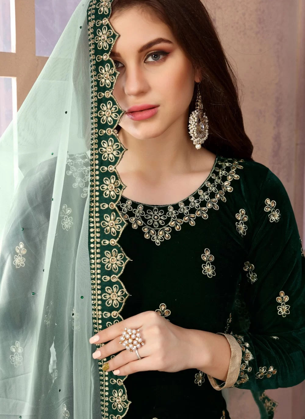 Green Velvet Embroidered Punjabi Suit