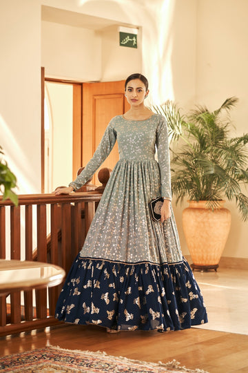 Grey Designer Foil Printed Indian Gown