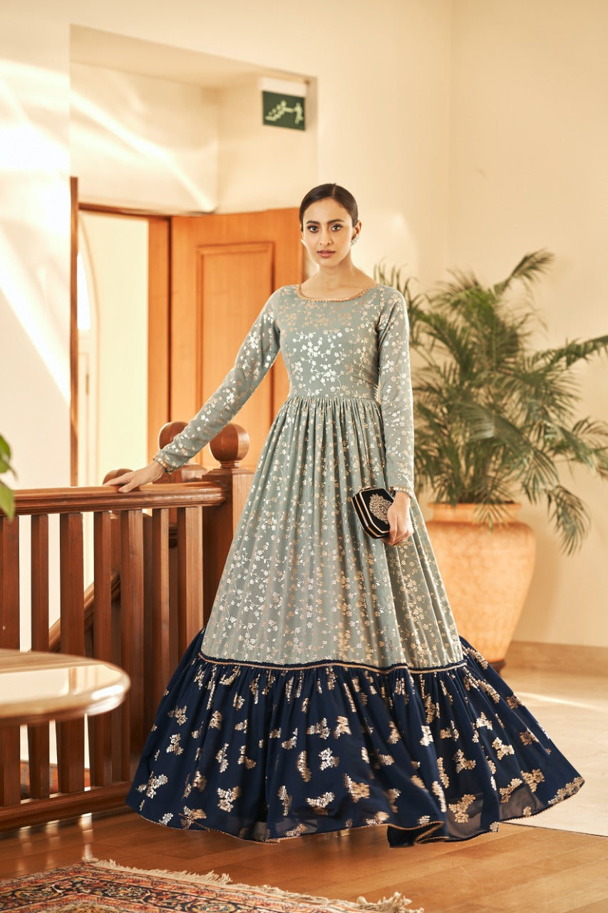 Grey Designer Foil Printed Indian Gown