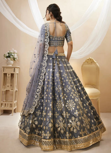 Grey Embroidered Art Silk Indian Wedding Lehenga Choli