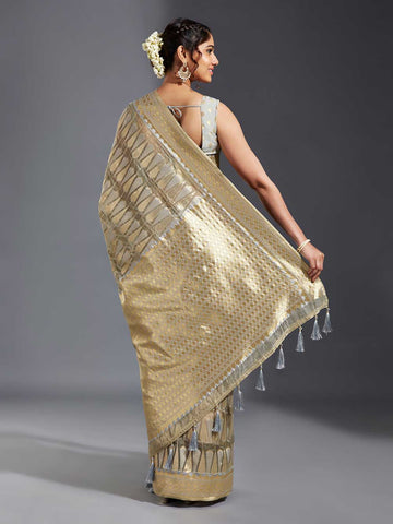 Grey & Golden Organza Paisley Zari Woven Banarasi Saree