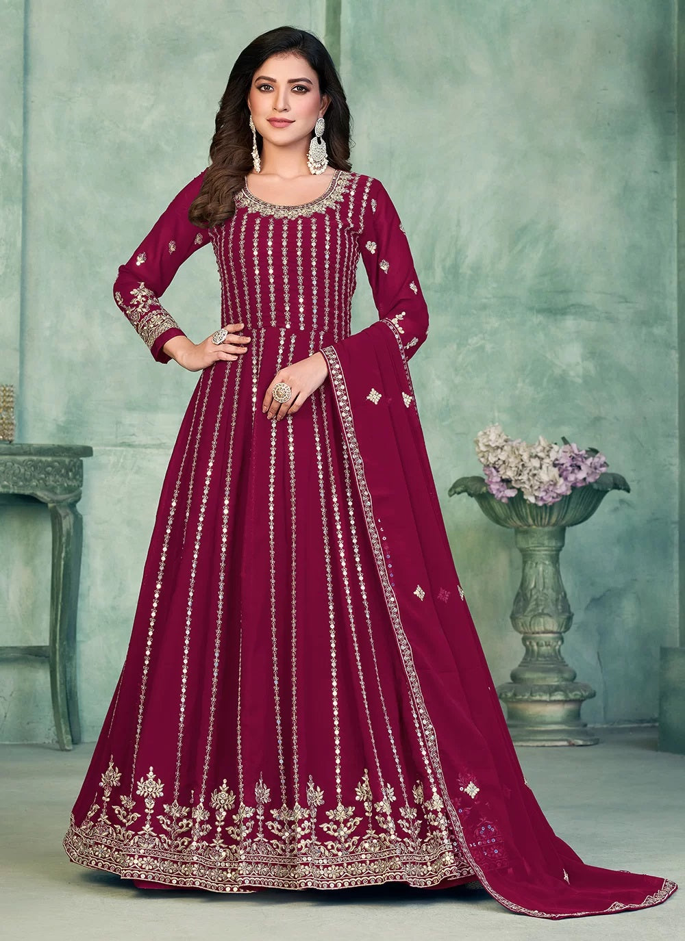 Hot Pink Party Wear Embroidered Anarkali Suit