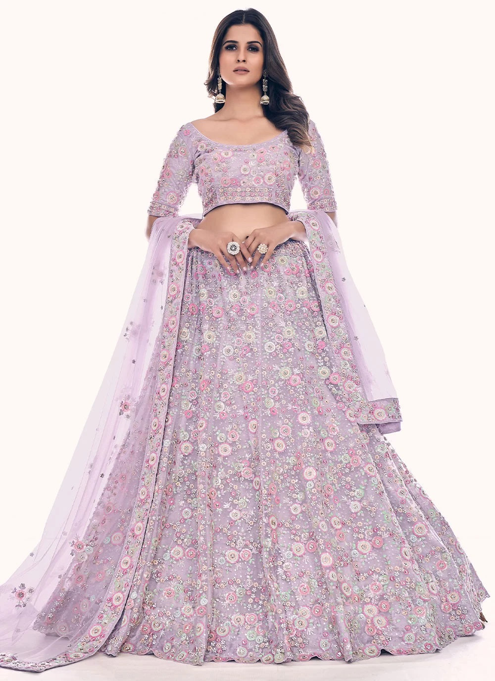 Lavender A line Embroidered Party Wear Lehenga