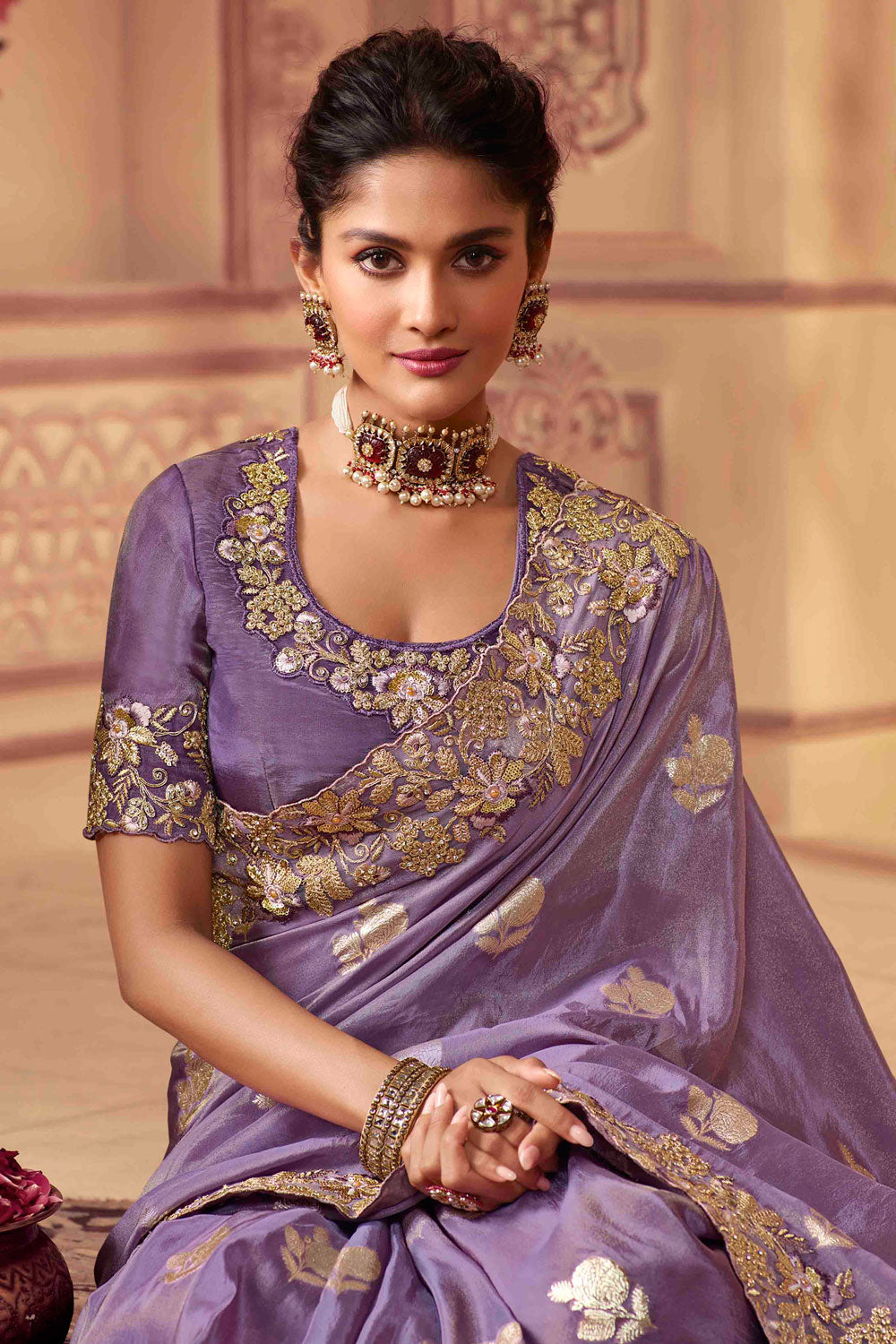 Lavender Jacquard Butti Saree in Viscose with Banglory Silk Blouse