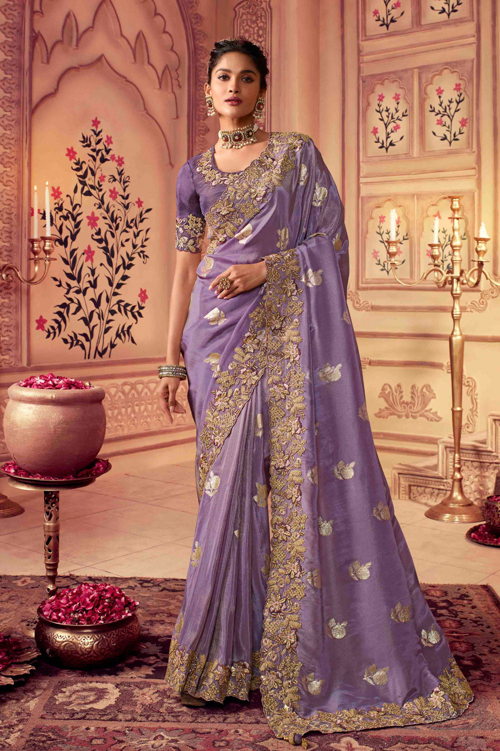 Lavender Jacquard Butti Saree in Viscose with Banglory Silk Blouse