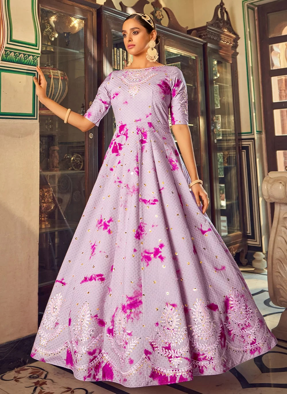 Lavender Printed Cotton Designer Gown