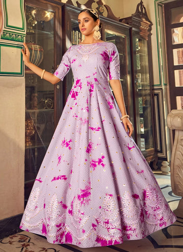 Lavender Printed Cotton Designer Gown