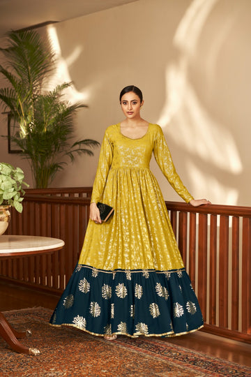 Mustard Faux Georgette Printed Festival Designer Gown