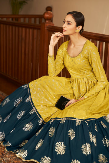 Mustard Faux Georgette Printed Festival Designer Gown