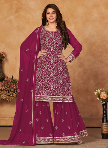 Magenta Embroidered Faux Georgette Indian Sharara Set