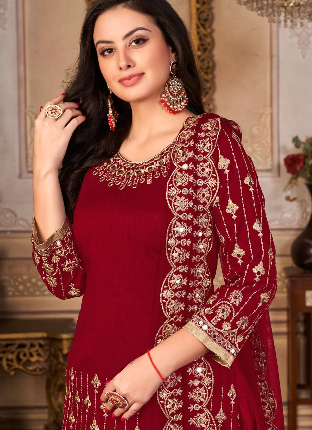 Maroon Embroidered Art Silk Patiyala Suit