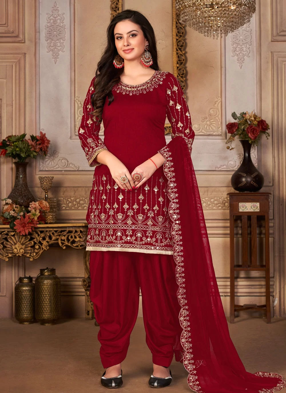 Maroon Embroidered Art Silk Patiyala Suit