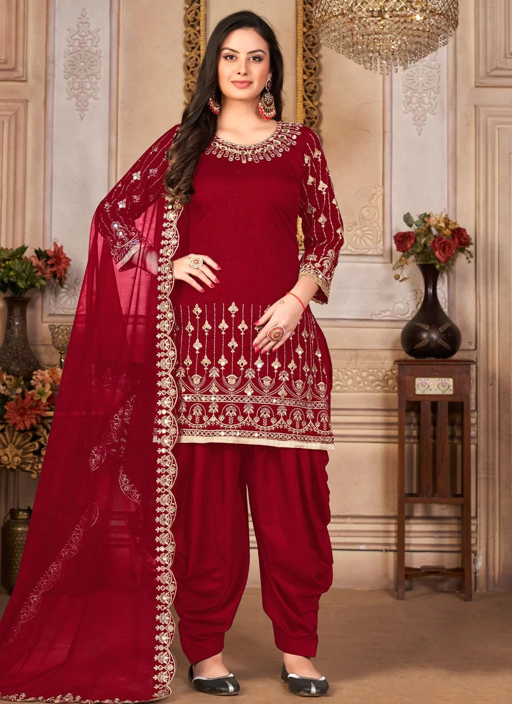 Maroon Embroidered Art Silk Patiyala Suit