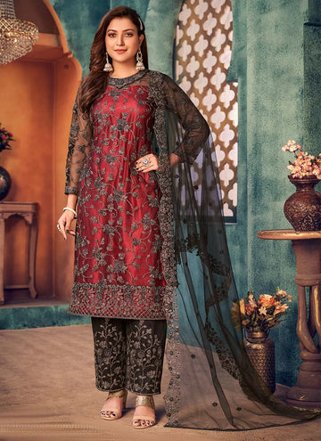 Maroon Embroidered Salwar Kameez In Net