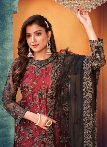 Maroon Embroidered Salwar Kameez In Net