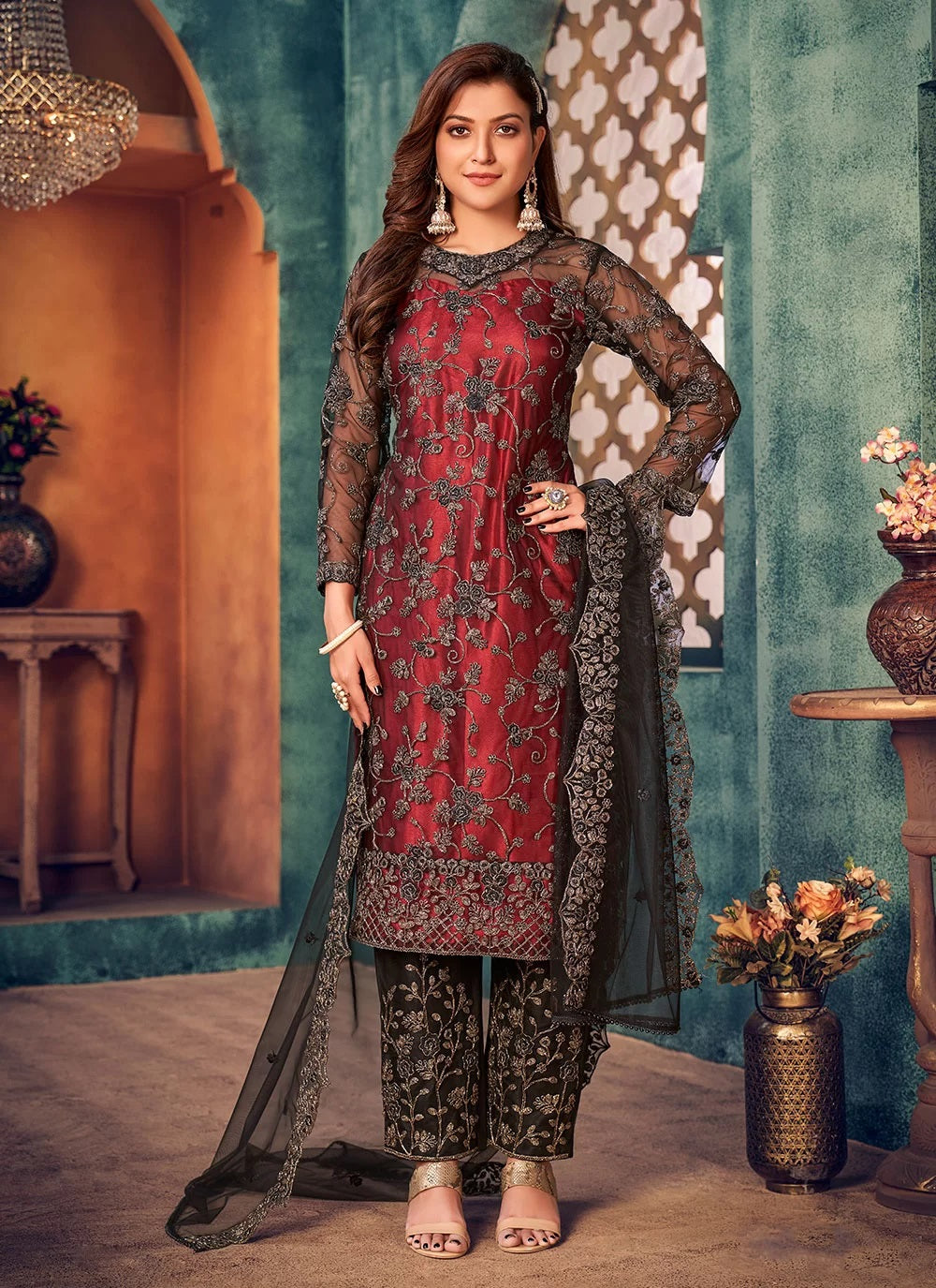 Maroon Embroidered Salwar Kameez In Net