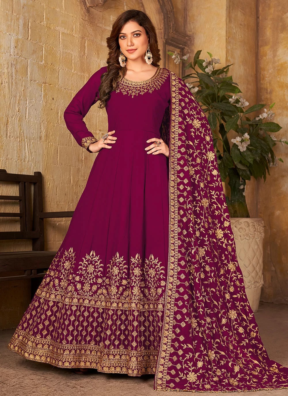 Maroon Faux Georgette Anarkali Salwar Kameez