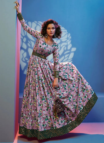 Mauve Faux Crepe Printed Floor Length Gown
