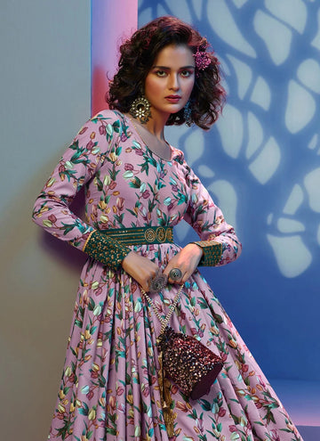 Mauve Faux Crepe Printed Floor Length Gown