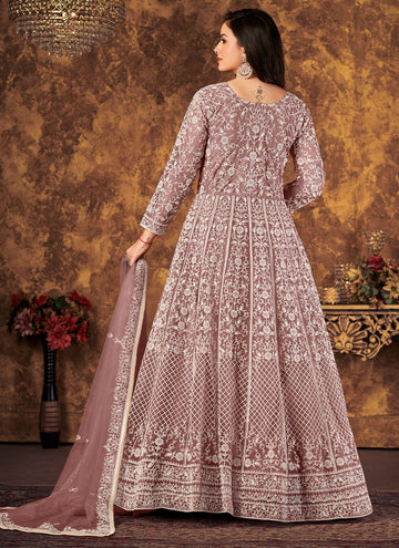 Mauve Net Cord Work Indian Traditional Anarkali Suit