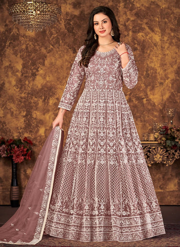 Mauve Net Cord Work Indian Traditional Anarkali Suit