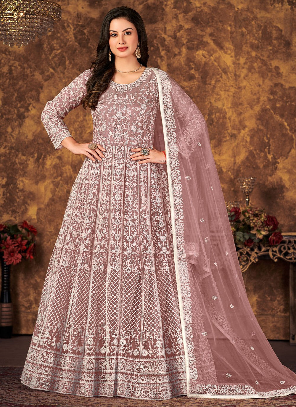 Mauve Net Cord Work Indian Traditional Anarkali Suit