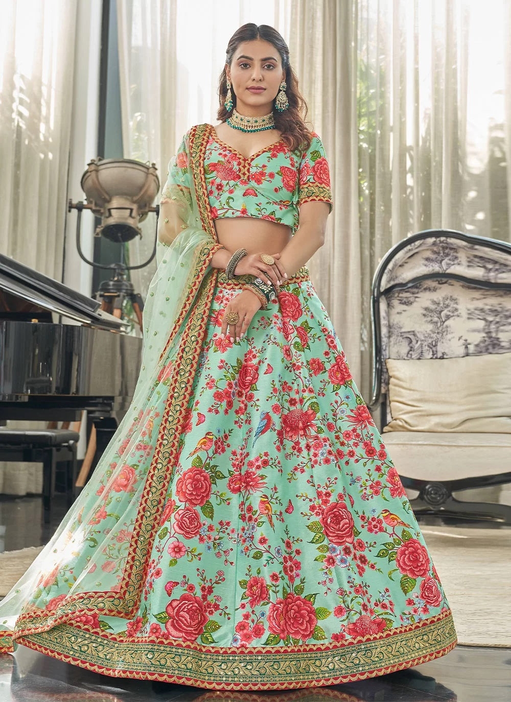 Mehndi Color Art Silk Designer Lehenga