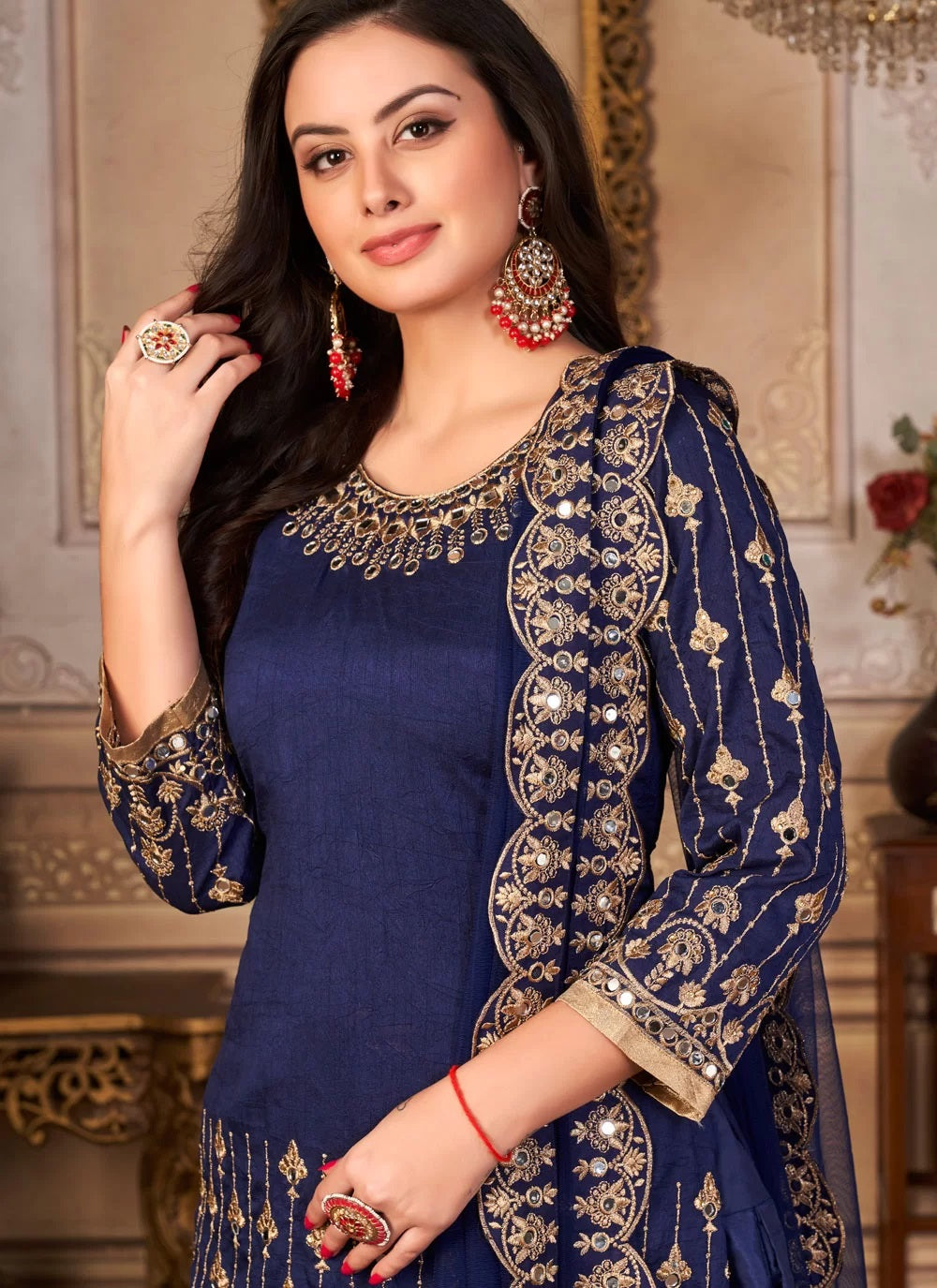 Blue Mirror Work Art Silk Patiala Salwar Kameez