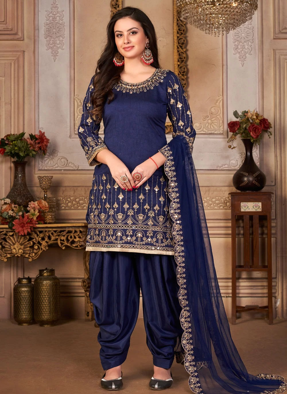 Blue Mirror Work Art Silk Patiala Salwar Kameez