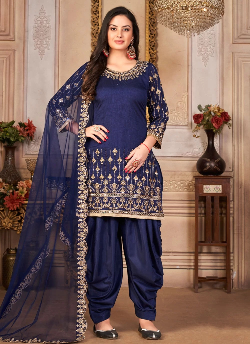 Blue Mirror Work Art Silk Patiala Salwar Kameez