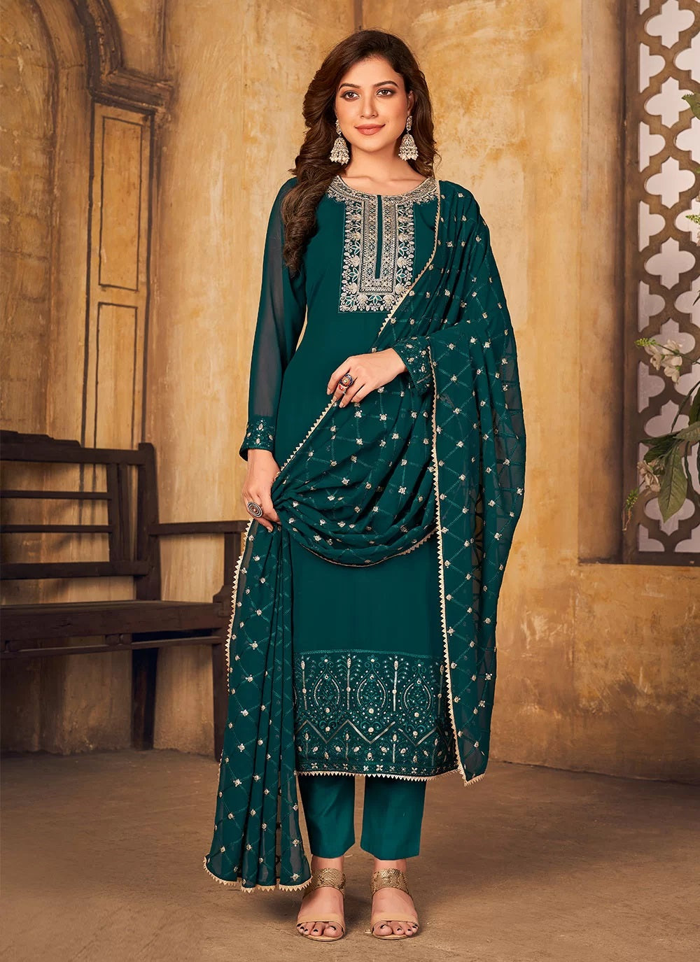 Morpeach Color Faux Georgette Pant Style Suit