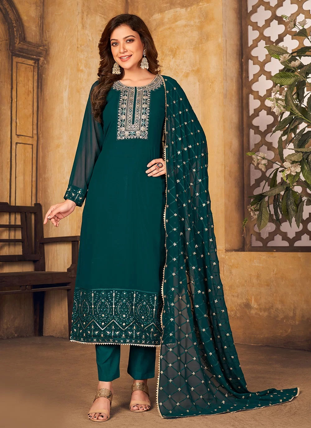 Morpeach Color Faux Georgette Pant Style Suit