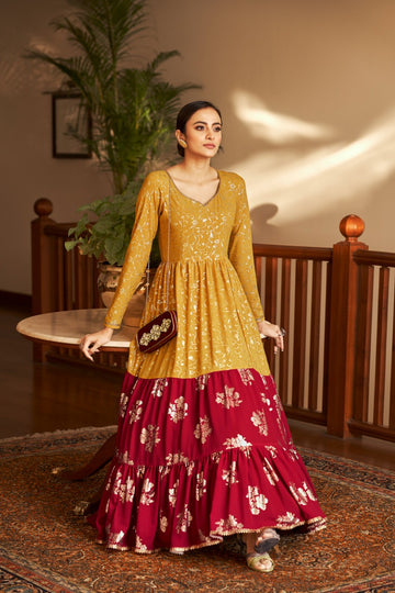 Mustard Color Foil Printed Faux Georgette Gown