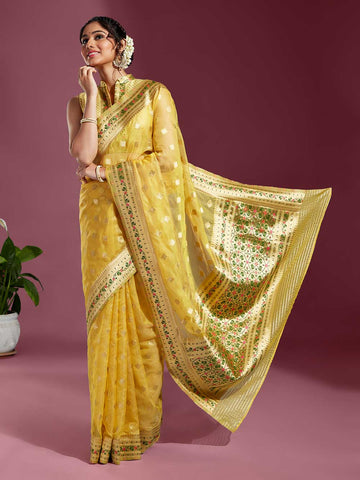 Mustard & Golden Organza Paisley Zari Woven Banarasi Saree