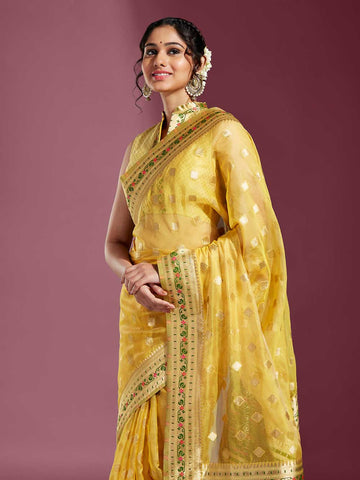 Mustard & Golden Organza Paisley Zari Woven Banarasi Saree