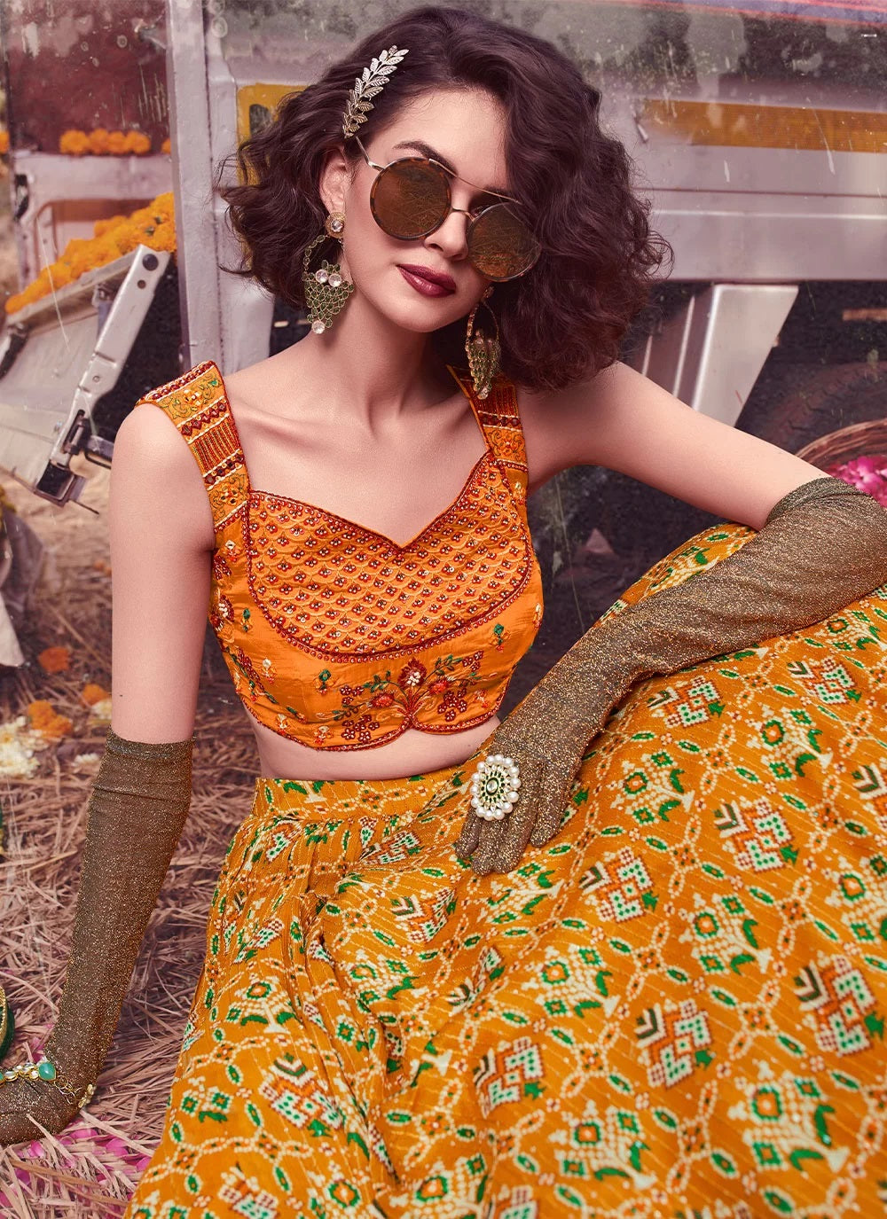 Mustard Hand Work Readymade Lehenga Choli