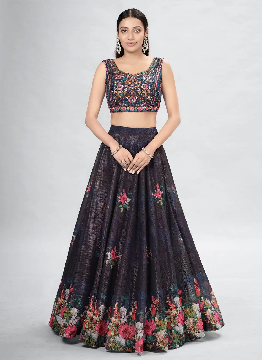 Navy Blue Art Silk Hand Work Lehenga