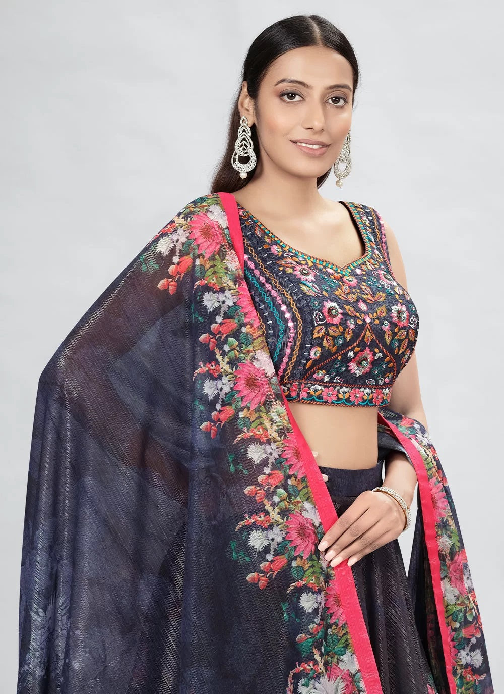 Navy Blue Art Silk Hand Work Lehenga