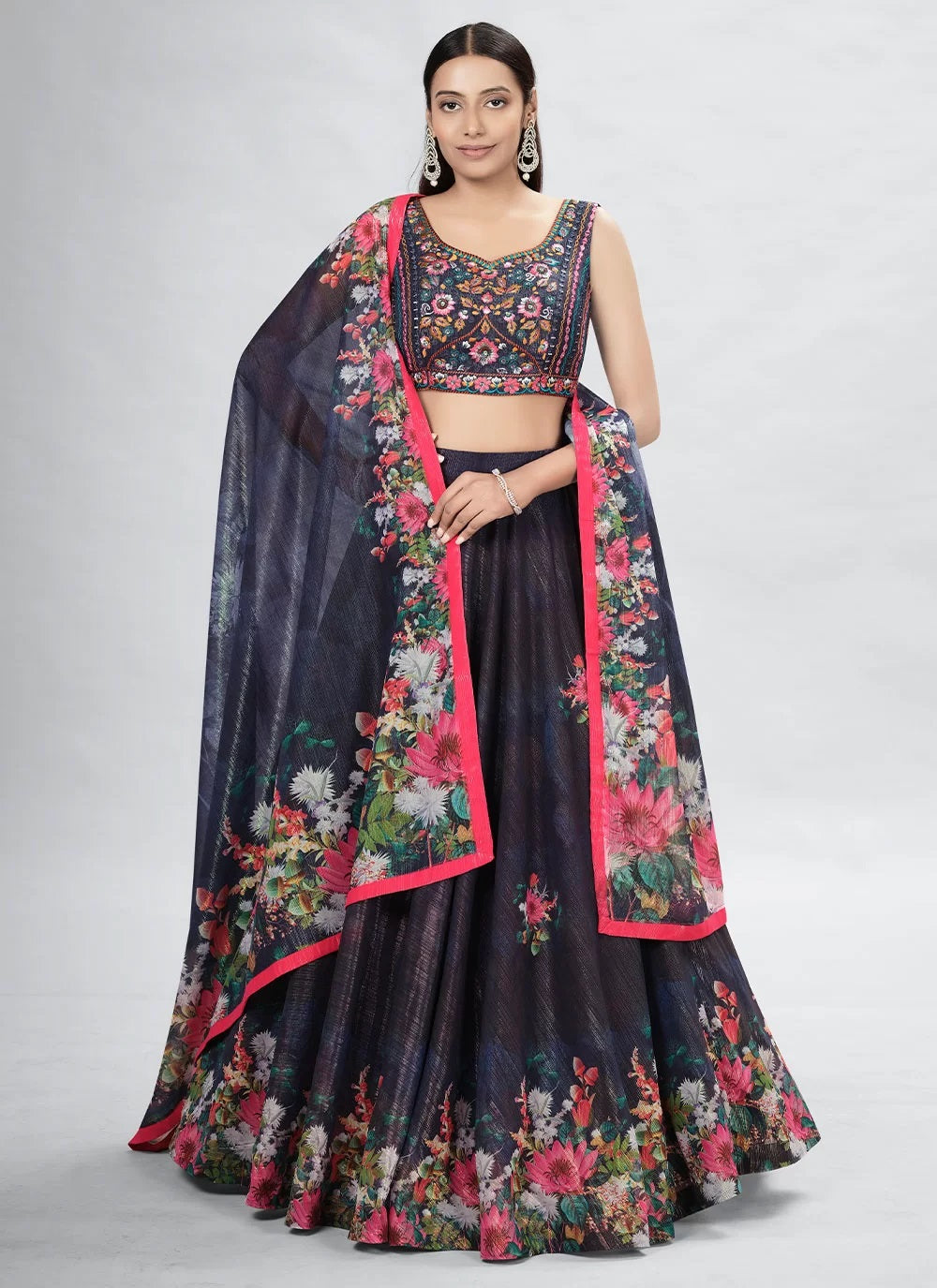 Navy Blue Art Silk Hand Work Lehenga