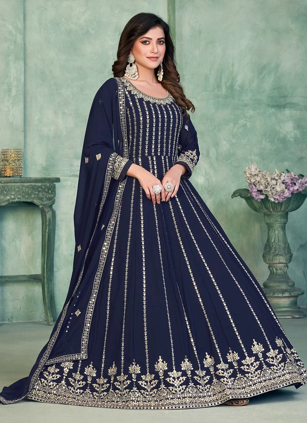 Blue Embroidered Indian Anarkali Suit