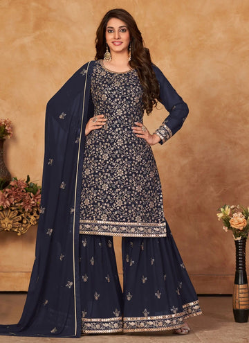 Navy Blue Faux Georgette Embroidered Trendy Salwar Kameez