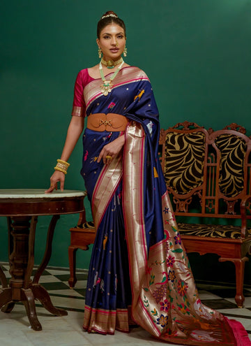 Navy Blue Soft Paithani Silk Indian Wedding Saree