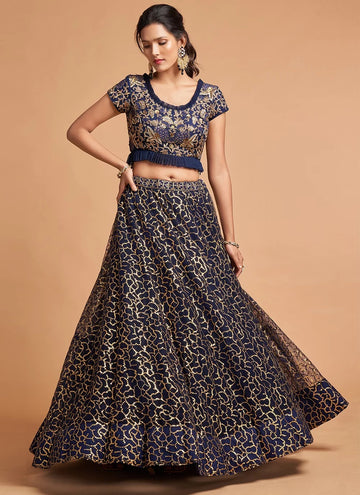 Navy Blue Zari And Embroidered A Line Lehenga 