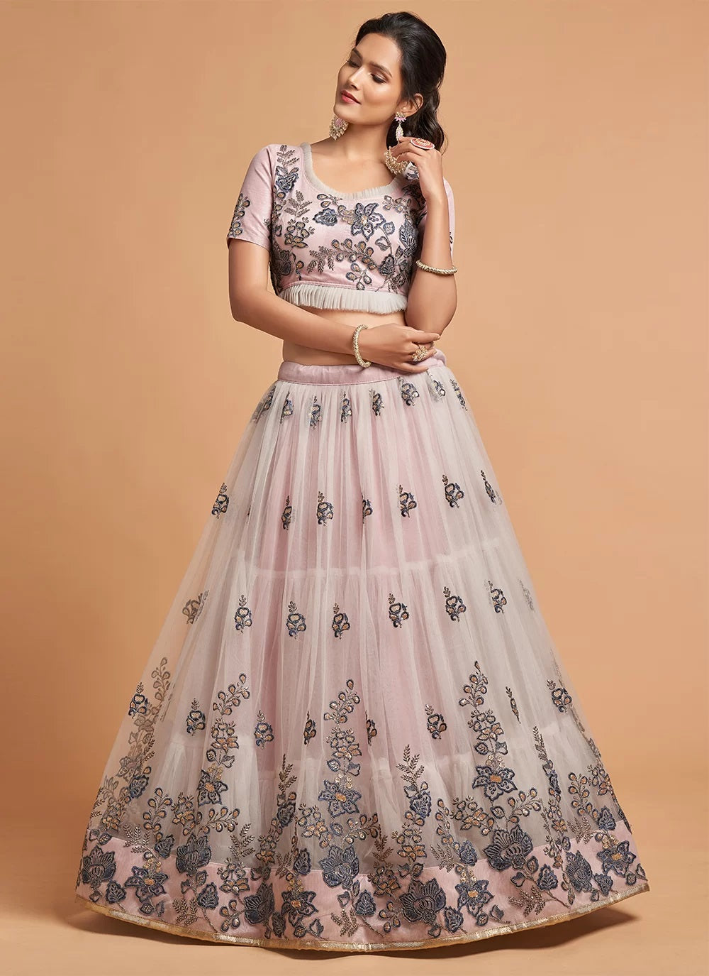 Net A Line Dori Work Lehenga Choli In Grey